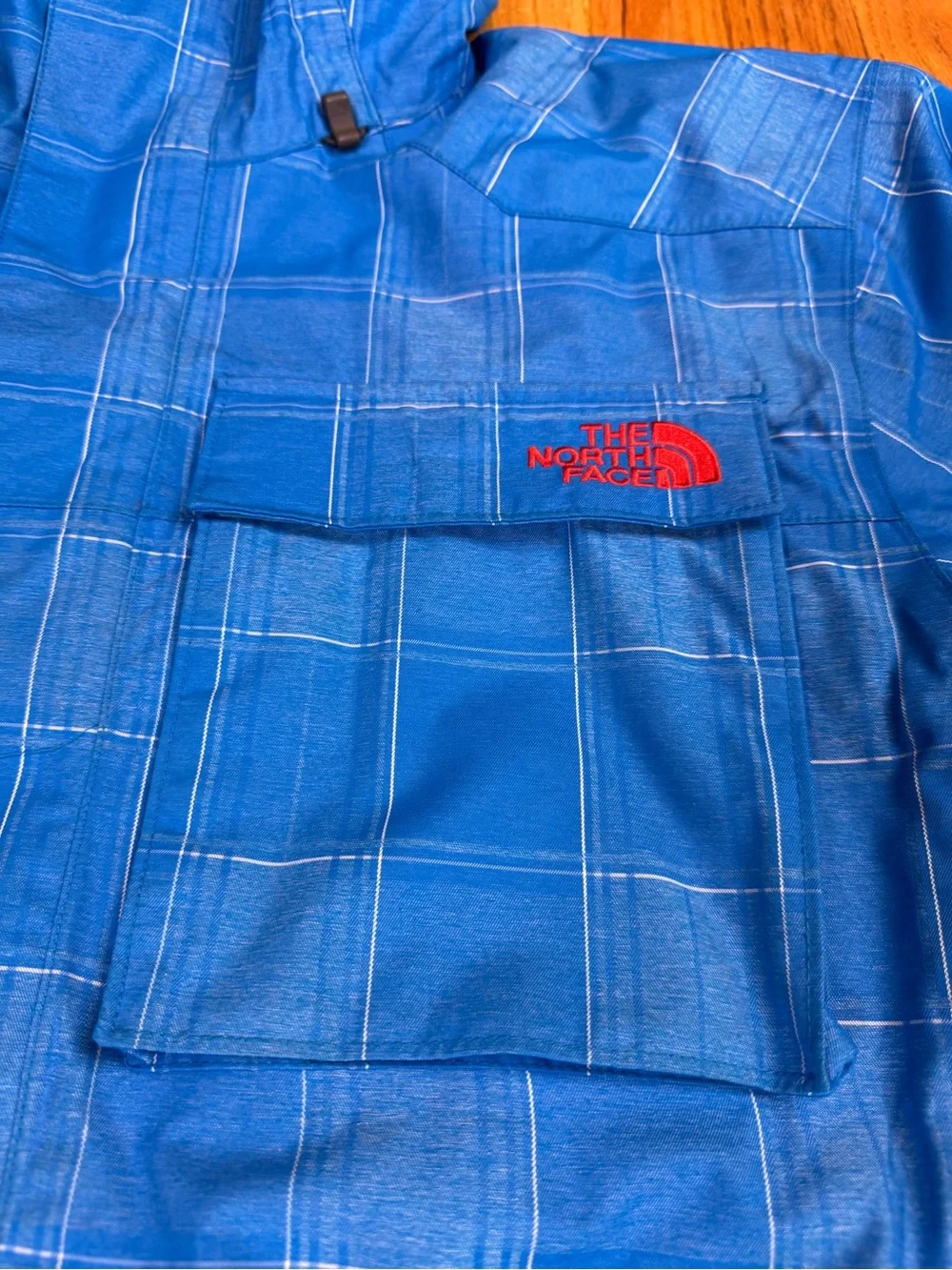 The North Face HyVent Blue Plaid Jacket Mens M Hooded Full Zip Snowboard Ski Sno